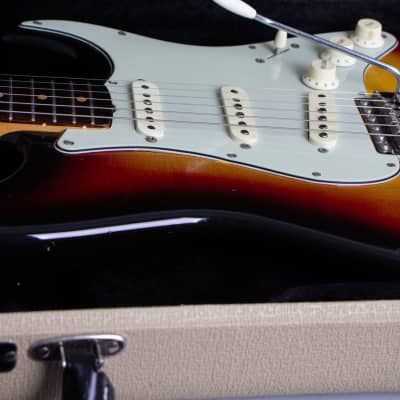 Fender  Stratocaster Solid Body Electric Guitar (1963), ser. #L20428, blonde tolex hard shell case. image 13