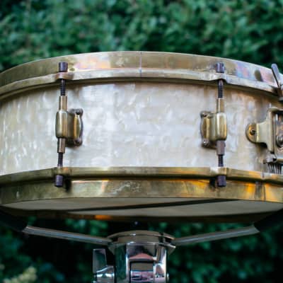 Vintage 1920s Leedy 'Full Dress' 14x4 Snare Drum in White Marine Pearl image 1