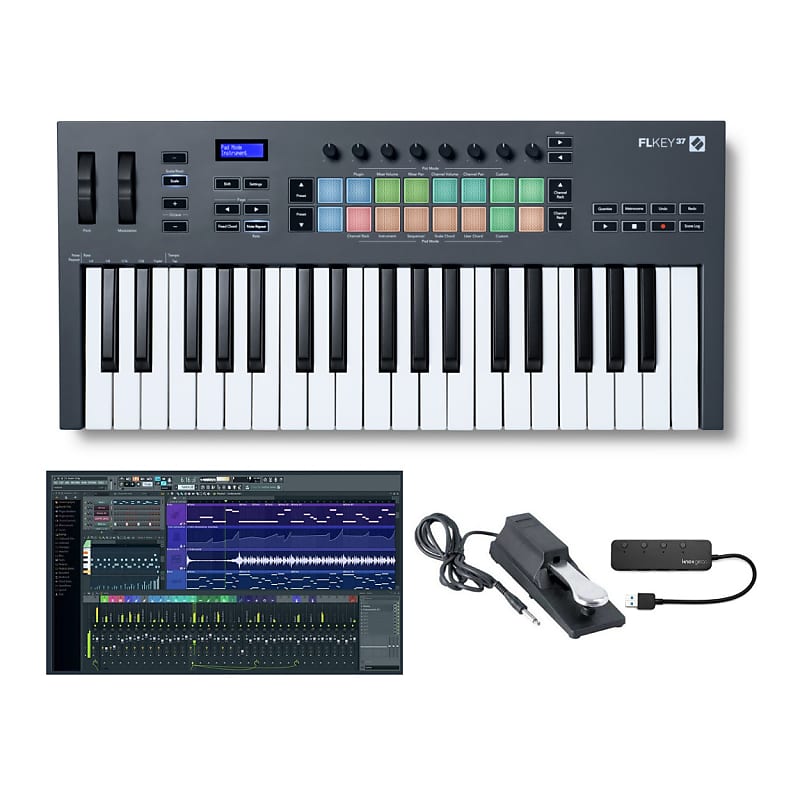 Novation FLkey 37 37-Key MIDI Keyboard Controller for FL Studio Bundle with  FL Studio 20 Fruity Ed., Pedal and USB Hub
