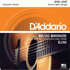 D'Addario EJ10 80/20 Bronze Acoustic Guitar Strings, Extra Light Gauge