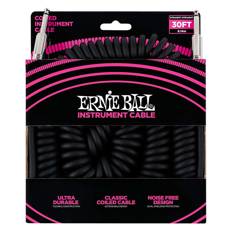 6044 Ernie Ball 30 Ft. Coil Cable Straight / Straight Black Jacket Pink Sleeve image 1