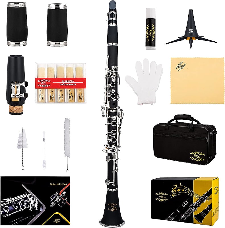 Professional Ebonite Bb Clarinet with 10 Reeds, Stand, Hard Case, Cleaning Cloth, Cork Grease, Mouthpiece Brush and Pad Brush, Black image 1