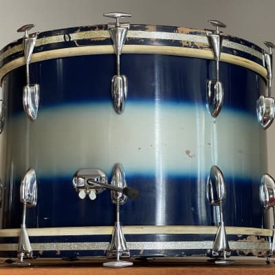 1950's Slingerland Blue & Silver Duco 14 x 22" Artist Bass Drum Original Calf Heads image 8