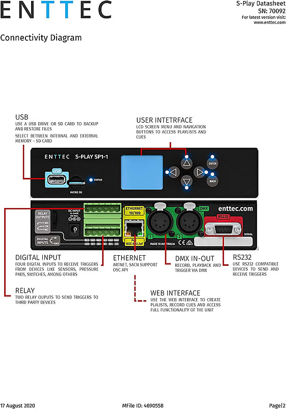 Enttec 70092 Smart Player S-Play SP1-1 70092 DMX Playback, Editor