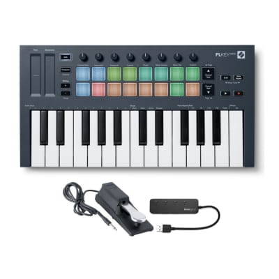 Novation FLkey Mini 25-Key MIDI Keyboard Controller for FL Studio Bundle with Sustain Pedal and 4-Port USB 3.0 Hub