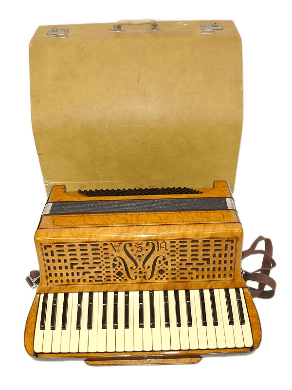 Vintage Antique "USA" Birds-Eye Maple Military Accordion w/ Geib Case image 1