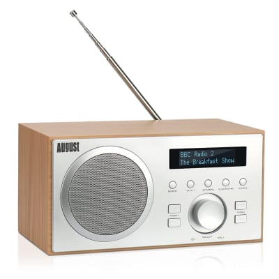 DAB+ Radio with Bluetooth Speaker - August MB420 - DAB FM Digital Tuner with Presets and Dual Alarm Clock Bedside Radio - Aux, USB, Mains Input for 2 Speakers Bass Reflex Subwoofer - LCD Screen - Oak for sale
