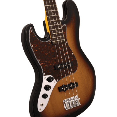 CNZ Audio JB Left Handed Electric Bass Guitar - Maple Neck, Red Tortoise Pickguard, Sunburst image 3