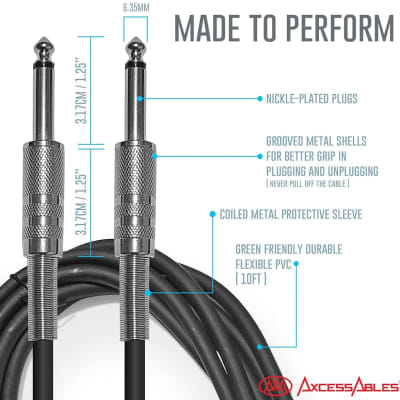AxcessAbles 1/4 Inch to 1/4 Inch TS Guitar Audio Cable- 10ft | 6.35mm Instrument Cable | Amp Cable for Guitar | Unbalanced 1/4 Patch Cord-10ft (5-Pack) image 4