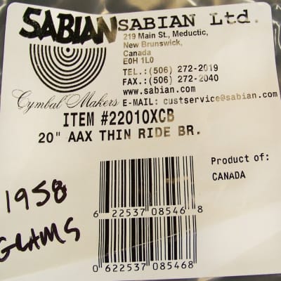 Sabian AAX 20" Thin Ride Cymbal/Brillant Finish/Model # 22010XCB/1958 Grams image 5