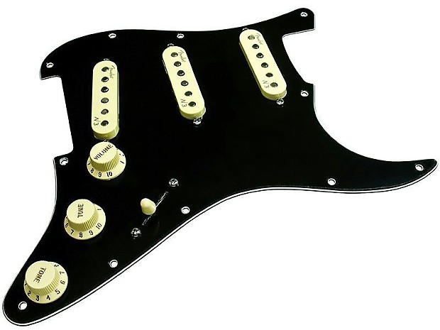 HDCustom Loaded Strat Pickguard Fender N3 Noiseless Pickups Black Aged White Reverb