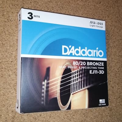 D'Addario EJ11-3D 80/20 Bronze Acoustic Guitar Strings, 12-53, 3 Sets, Light