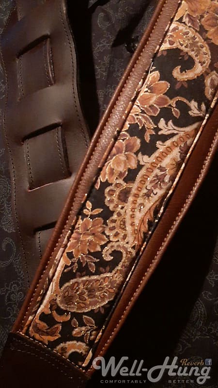 Well-Hung The Gentleman 3 wide padded leather and paisley guitar strap  2023 - Saddle Leather / Paisley Ribbon