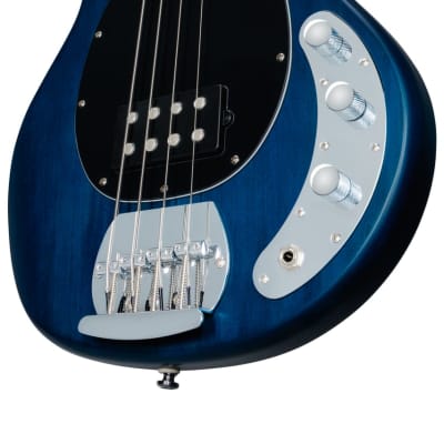 Sterling by Music Man RAY4 TBLS R1 StingRay Transparent Blue Satin Bass Guitar for sale