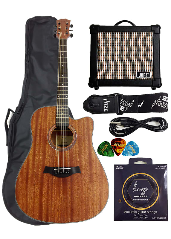 Haze W1654CEQM Solid Mahogany Top Built in Tuner/EQ Electro-Acoustic Guitar, 10W Amp, Accessories Pack image 1
