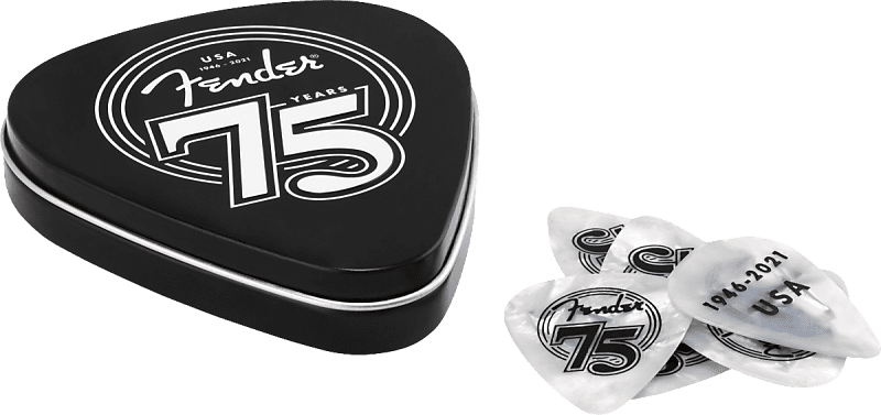198-0351-075 Fender 75th Anniversary Pick Tin (18) Med Celluloid 1946-2021 image 1