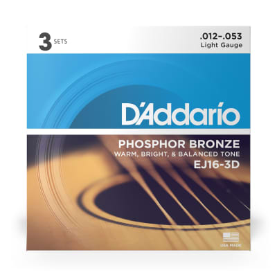 3-Pack D'Addario EJ16 Phosphor Bronze Acoustic Guitar Strings, Light Gauge 12-53 image 5