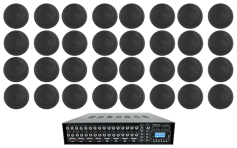 Rockville 4-Zone Multi Source Audio System w/ (32) 6&quot; 70v Black Ceiling Speakers  			