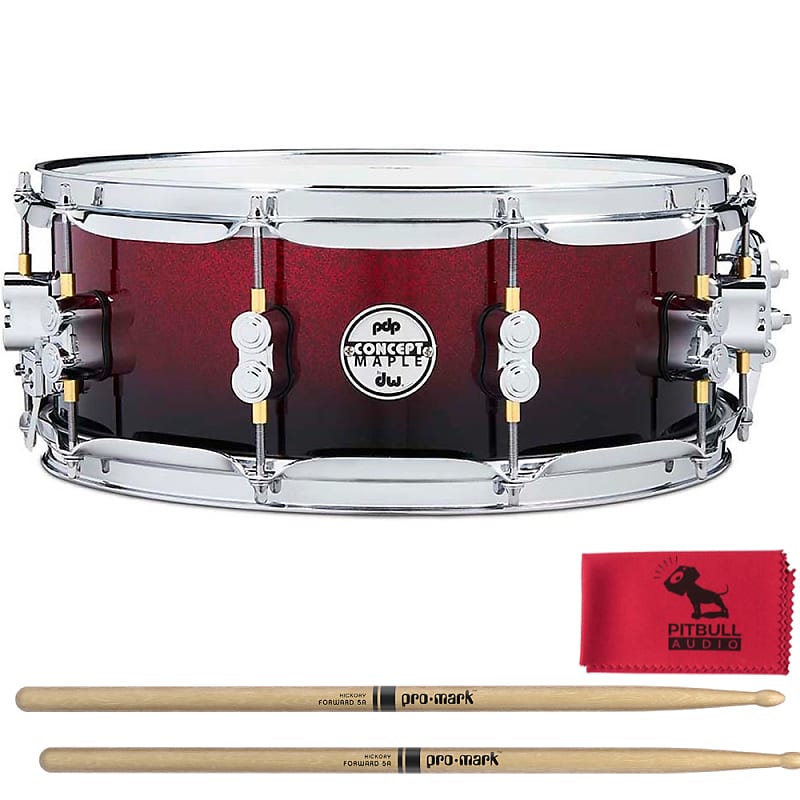 PDP PDCM5514SSRB Concept Maple 5.5x14 Snare Drum, Red to Black Sparkle w/  Drumsticks & Cloth