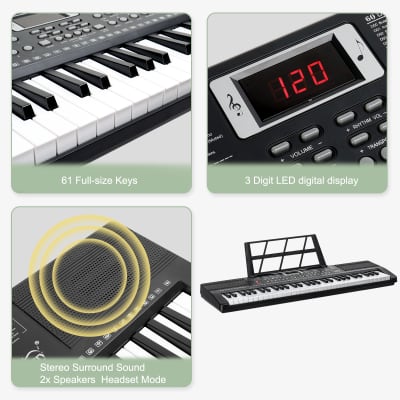 Glarry EP-110 61 Key Keyboard with Piano Stand, Piano Bench, Built In Speakers, Headphone, Microphone, Music Rest, LED Screen, 3 Teaching Modes for Beginners 2020s - Black image 6