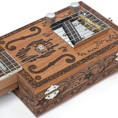 Handcrafted Engraved Solid Mahogany 6 String Opening Body Full 24.75"Scale Electric Cigar Box Guitar image 7