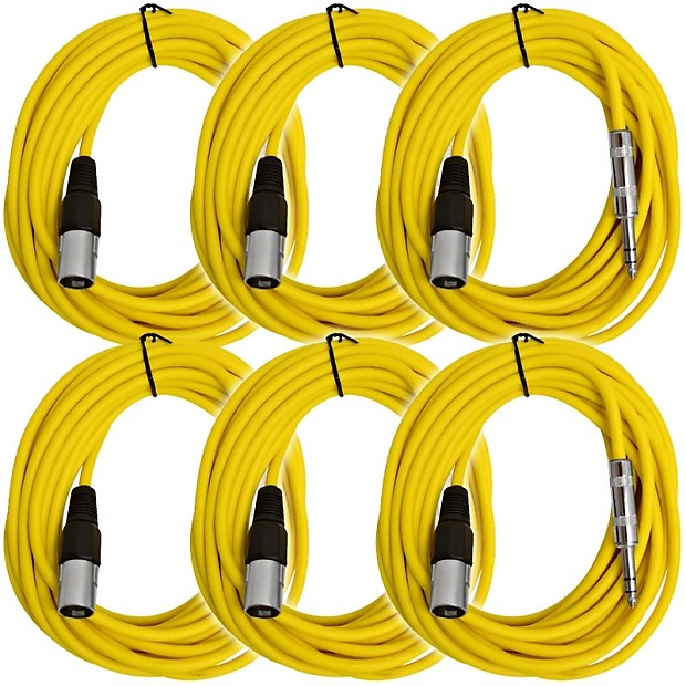 Seismic Audio SATRXL-M25YELLOW6 XLR Male to 1/4" TRS Male Patch Cables - 25' (6-Pack) image 1