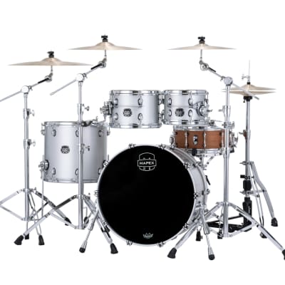 MAPEX SATURN EVOLUTION CLASSIC MAPLE 4-PIECE SHELL PACK - HALO MOUNTING SYSTEM - MAPLE AND WALNUT HYBRID SHELL - FINISH: Iridium Silver Lacquer (PD)  HARDWARE: Chrome Hardware (C) image 3