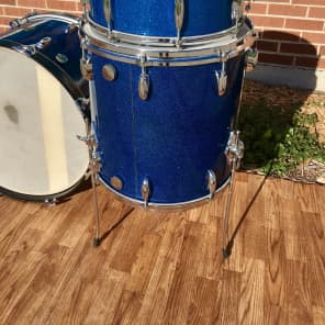 1959/60 Gretsch Round Badge Broadkaster Name-Band Drum Set - Blue Glass Glitter 22/13/16/5x14 Snare image 8