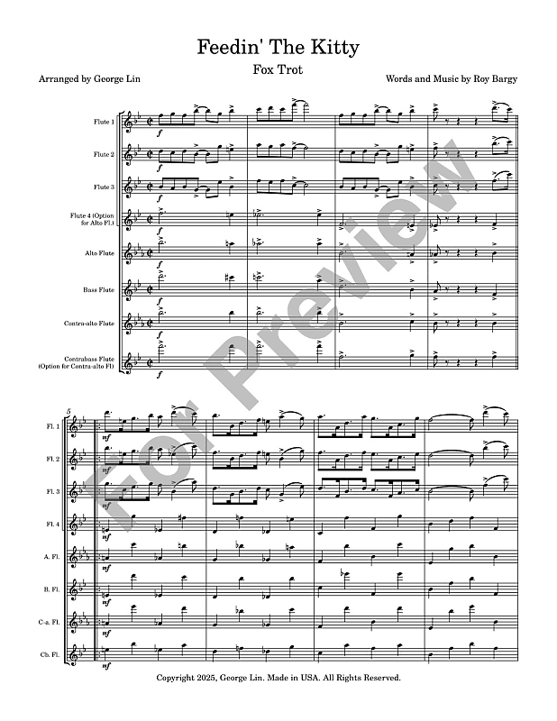 Flute Sheet Music -Feedin' The Kitty (Roy Bargy).  Arranged for flute ensemble.  Full Score and Parts. image 1