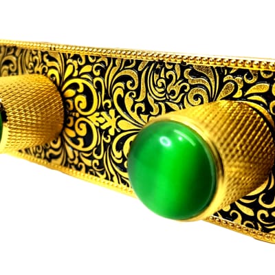 Brio Metal Engraved Tele Control Plate GOLD ON BLACK w/Green Gem Knobs image 1