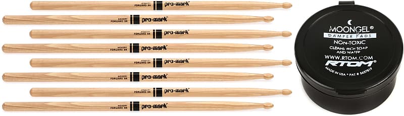 Promark Hickory Drumsticks - 5A - Wood Tip - 4-pack  Bundle with RTOM Moongel Drum Damper Pads - Blue (6-pack) image 1