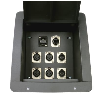 Elite Core Recessed Floor Box loaded with 4 XLR Female, 2 XLR Male, 1 HDMI and 1 Tactical Ethernet image 1