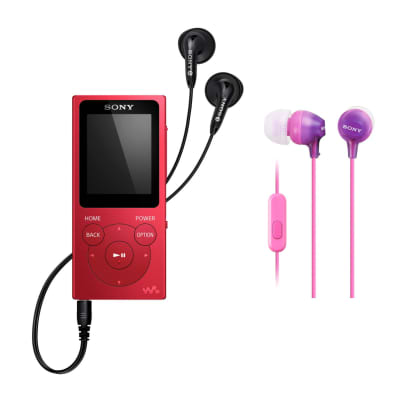 Sony NW-E394 8GB Walkman Audio Player (Red) with Sony MDREX15AP Fashion Color EX Series Earbud Headset with Microphone (Black) image 1