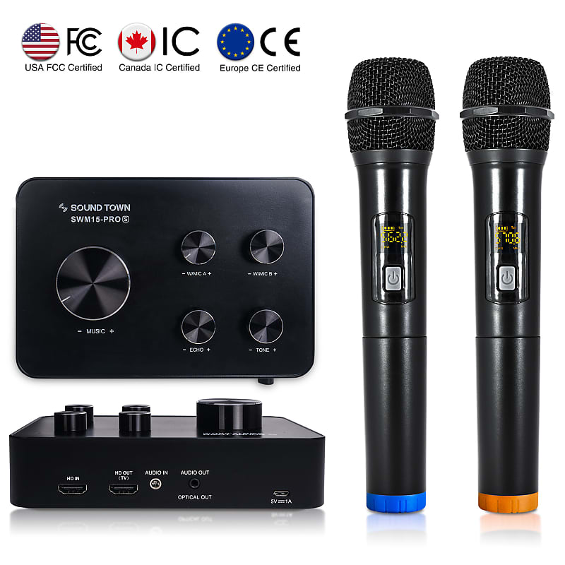 SWM15-PROS | WIRELESS MICROPHONE KARAOKE MIXER SYSTEM W/ HD ARC, OPTICAL, AUX, BLUETOOTH, SELECTABLE FREQUENCIES - SUPPORTS SMART TV, SOUND BAR, MEDIA BOX, RECEIVER image 1