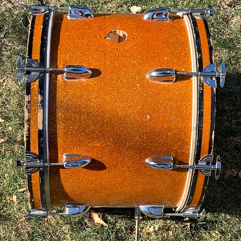 Vintage 1960’s Hoshino Bass Drum Orange Sparkle 20” x 14” Pearl Star  Stencil 3 Reinforcement Rings