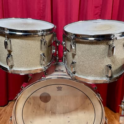 1970s Pearl Wood Fiberglass Drum Set 22/12/13/16 Silver Sparkle *Video Demo* image 7