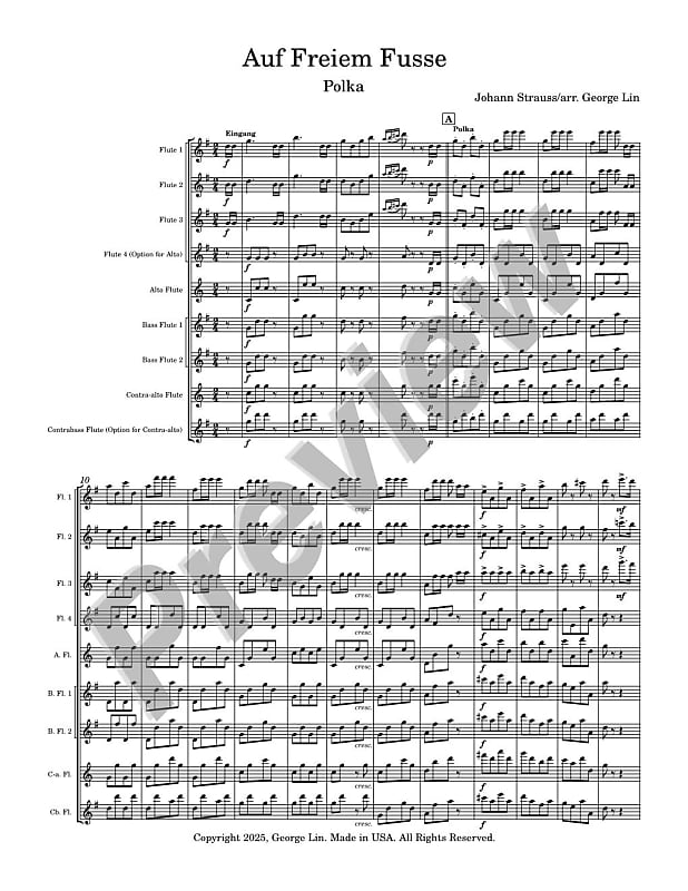 Flute Ensemble Sheet Music -Auf Freiem Fusse Polka (Johann Strauss). Arranged for flute ensemble. Full Score and Parts. image 1