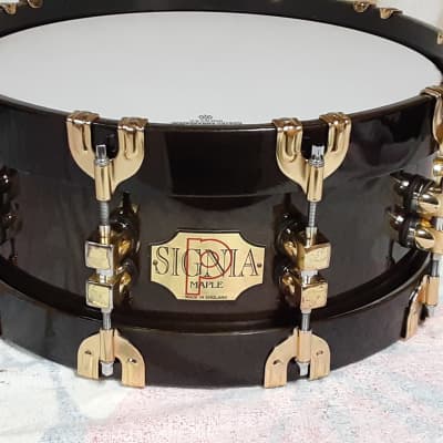 Premier 75th Anniversary Signia 14x5.5" 10-Lug Maple Snare Drum with Wood Hoops, Gold Hardware 1997 - Ebony image 2