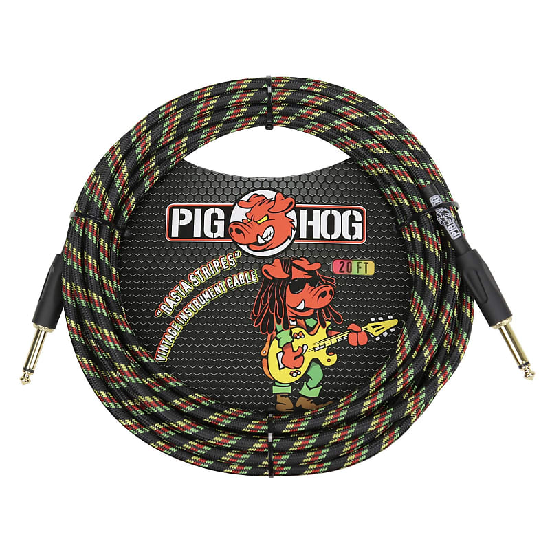 Pig Hog "Rasta Stripes" 20-foot Vintage Woven Instrument Cable - 1/4" Straight Plugs, Reggae image 1