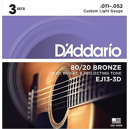 D'Addario EJ13-3D 11-52 Custom Light, 80/20 Bronze Acoustic Guitar Strings 3-Pack