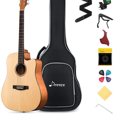 Donner Full Size Acoustic Guitar Beginner Kit for Adult Dreadnought Cutaway-Natural for sale