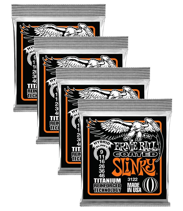 Ernie Ball P03122 ^4 Coated Hybrid Slinky Strings,4 Pack Reverb