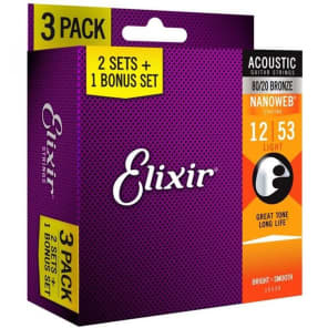 Elixir 16539 Nanoweb 80/20 Bronze Acoustic Guitar Strings - Light (12-53) 3-Pack