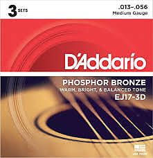 D'Addario EJ17-3D Phosphor Bronze Acoustic Guitar Strings, Medium, .13-.56 3 Sets image 1