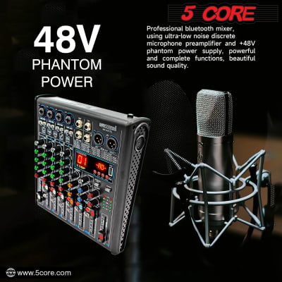 5 Core U4 Portable Mini Mixer 4 Channel Audio DJ Console with Sound Card, USB, 48V Phantom Power for PC Recording MX 4CH