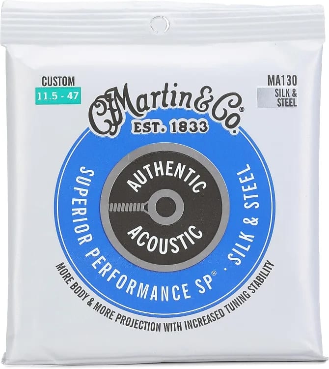 Martin MA130 Authentic Acoustic Superior Performance Silk and Steel Guitar Strings - .0115-.047 Custom
