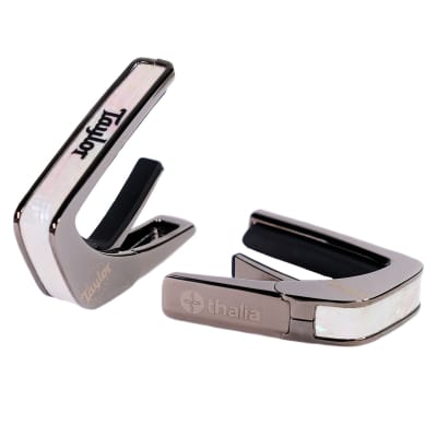 Taylor® by Thalia Black Chrome Capo ~ White Pearl with Black Taylor Logo Inlay for sale