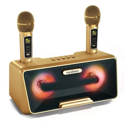 MASINGO Karaoke Machine for Adults and Kids with 2 UHF Wireless Microphones, Portable Bluetooth Singing Speaker, Colorful LED Lights, PA System, Lyrics Display Holder & TV Cable - Presto G2 Gold image 1