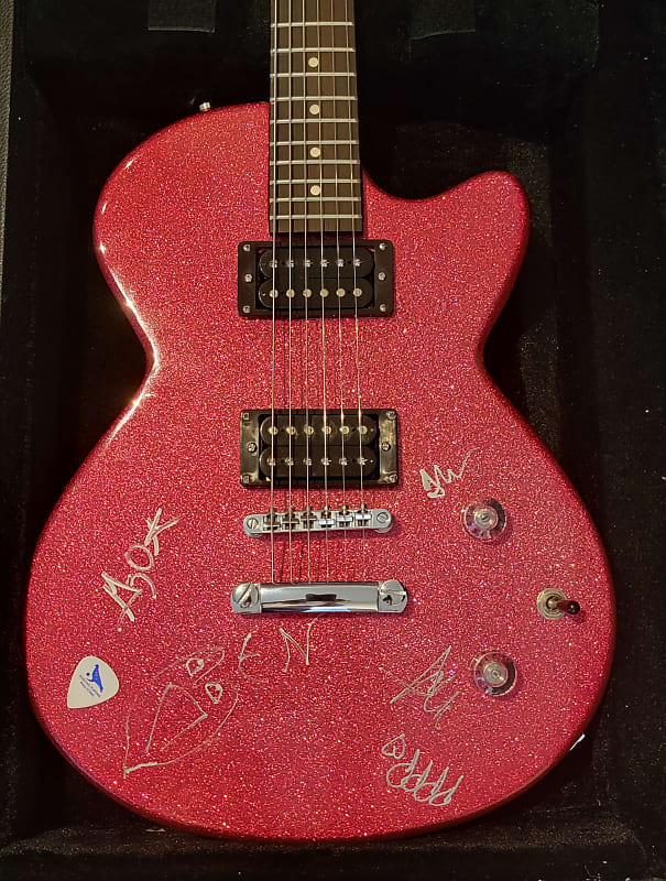 Pigeons Playing Ping Pong signed guitar Daisy Rock Pink Sparkle image 1