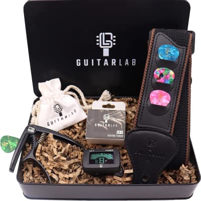 Guitar Accessories Kit - Premium METAL Tin - Includes Guitar Strap, Guitar Capo, Electronic Guitar Tuner & Guitar Picks - Acoustic, Bass, Electric, Ukelele - Ideal Gift Set for Guitar Lover image 1